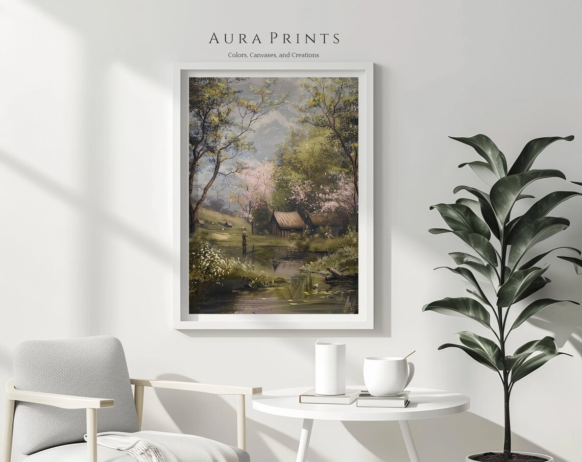 Spring Blossom Pond Cottage Painting Peaceful Countryside Poster