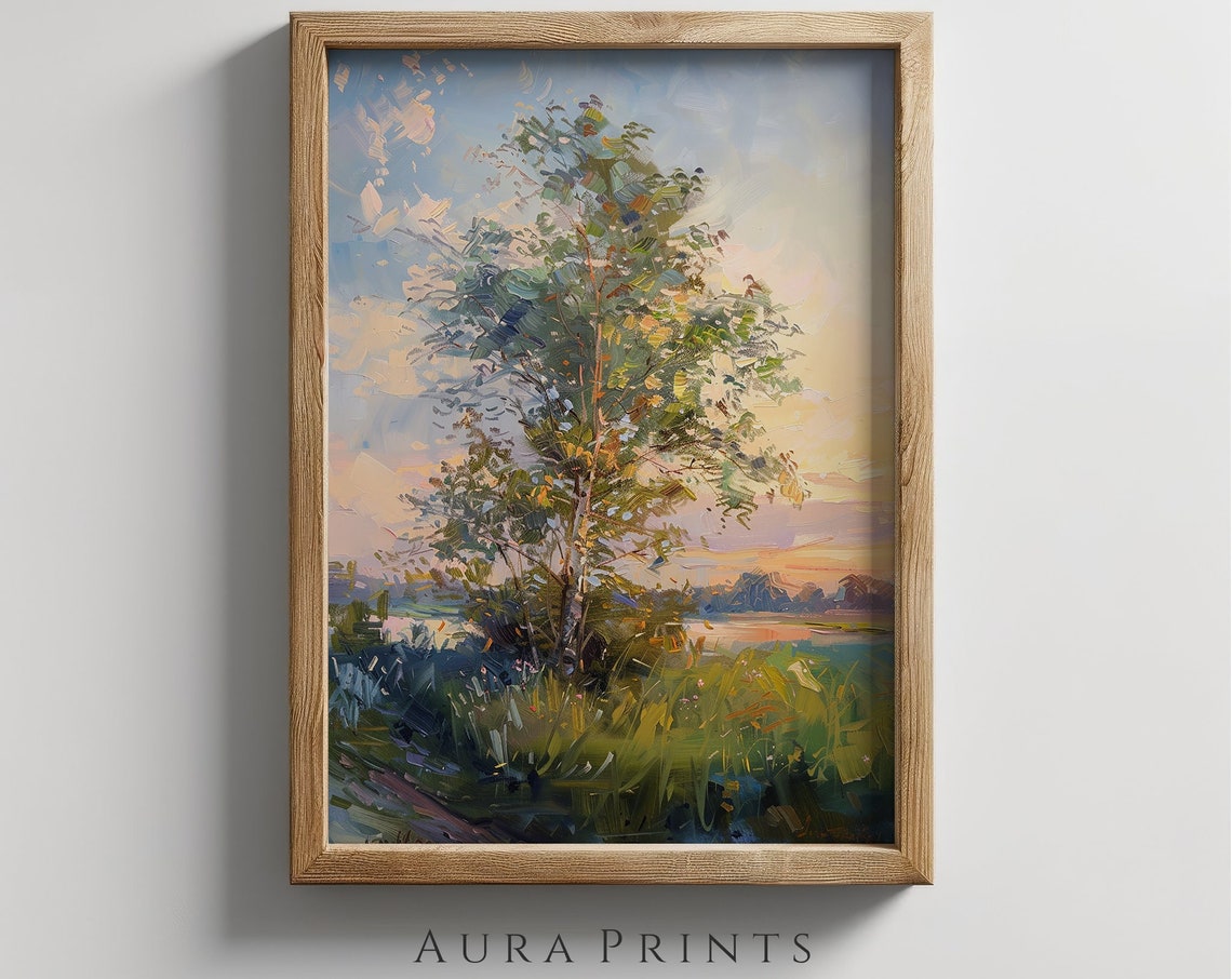 Impressionist Birch Tree Dawn Meadow Pastel Landscape Painting Poster