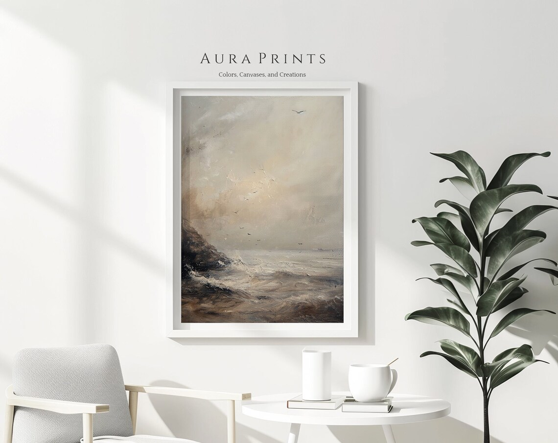 Moody Beige Seascape with Seagulls Coastal Oil Painting Poster