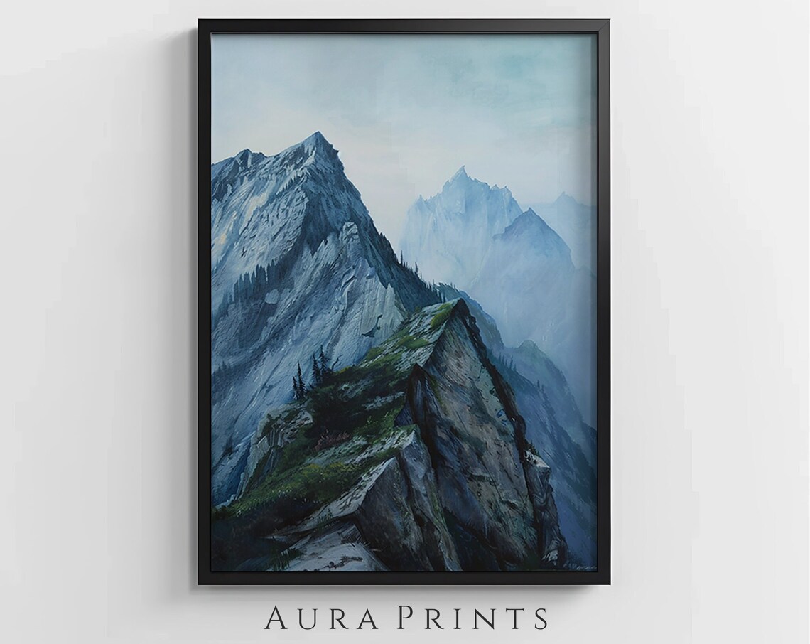 Misty Blue Mountain Peaks Moody Dramatic Oil Painting Poster