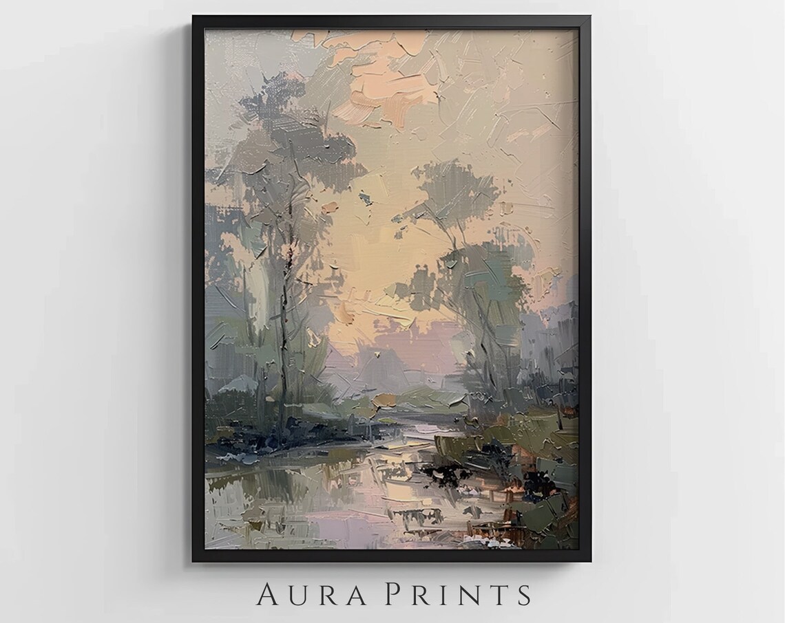 Impressionist Sunrise Landscape Peach Tones Trees Water Wall Art