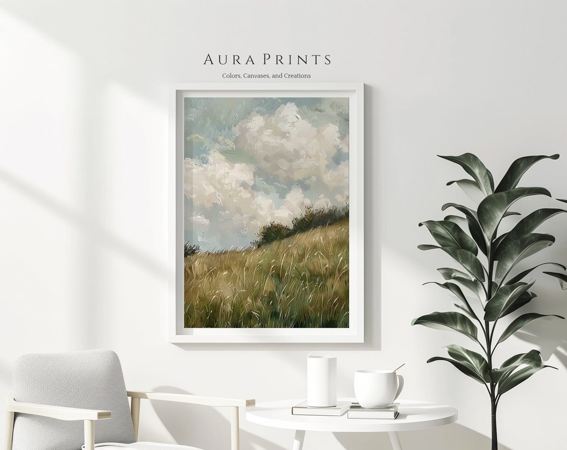 Rolling Meadow Hill Cloudy Sky Grass Landscape Rustic Wall Art