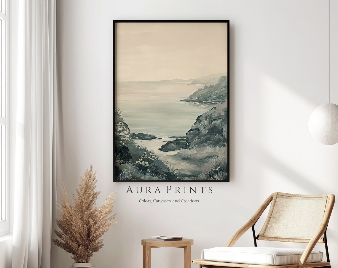 Soft Coastal Cove Gentle Waves Muted Ocean Seascape Art Poster