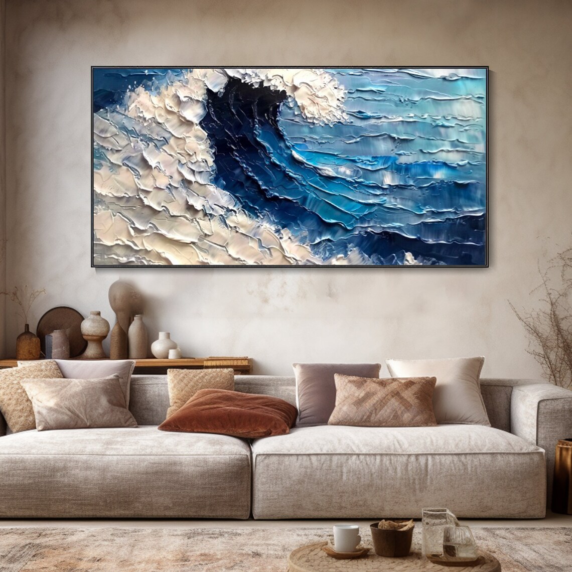 Blue White Abstract Ocean Wave Palette Knife Painting Textured 3D Art Poster - Image 2
