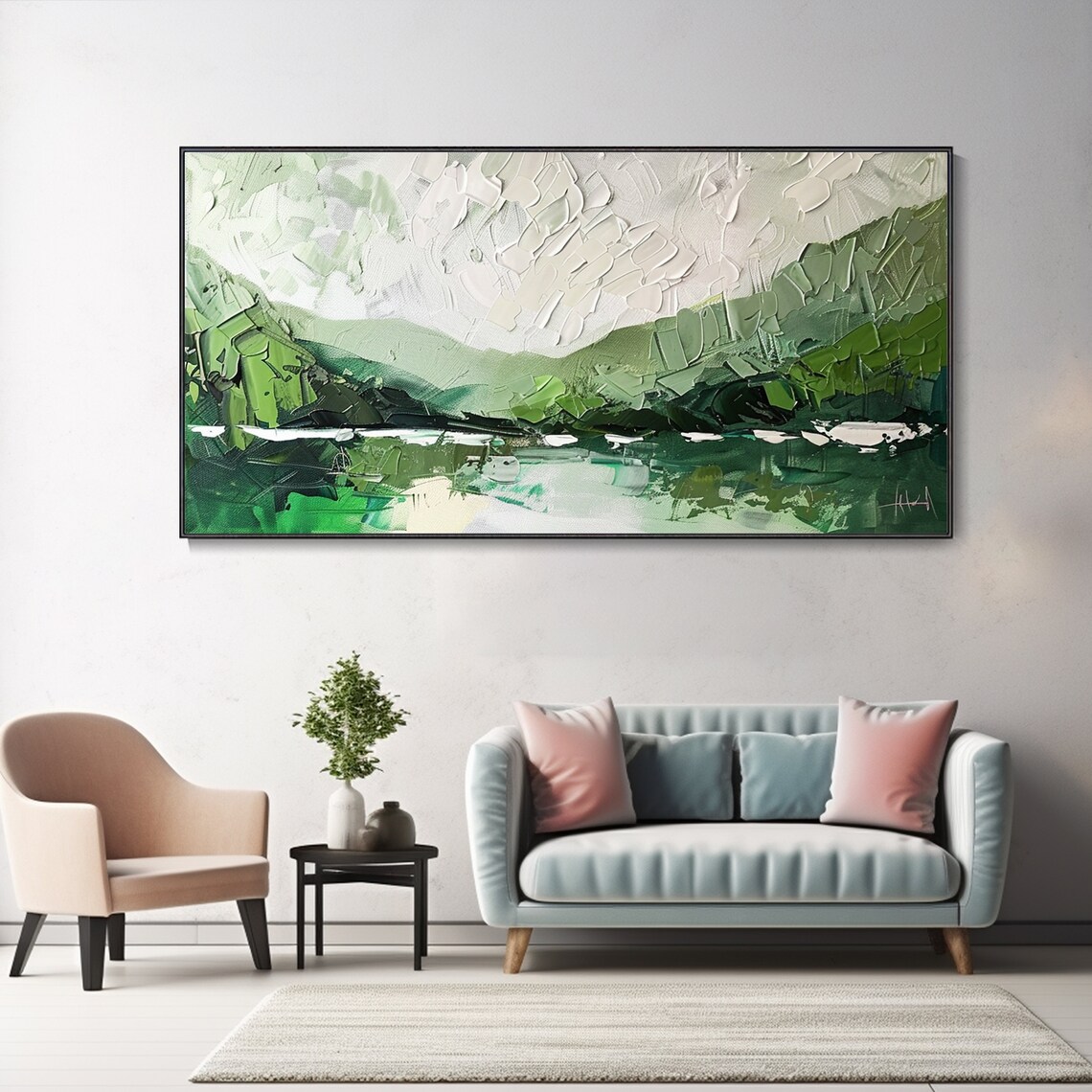 Minimalist Green Mountain Lake Abstract Textured Oil Painting Wall Art - Image 2