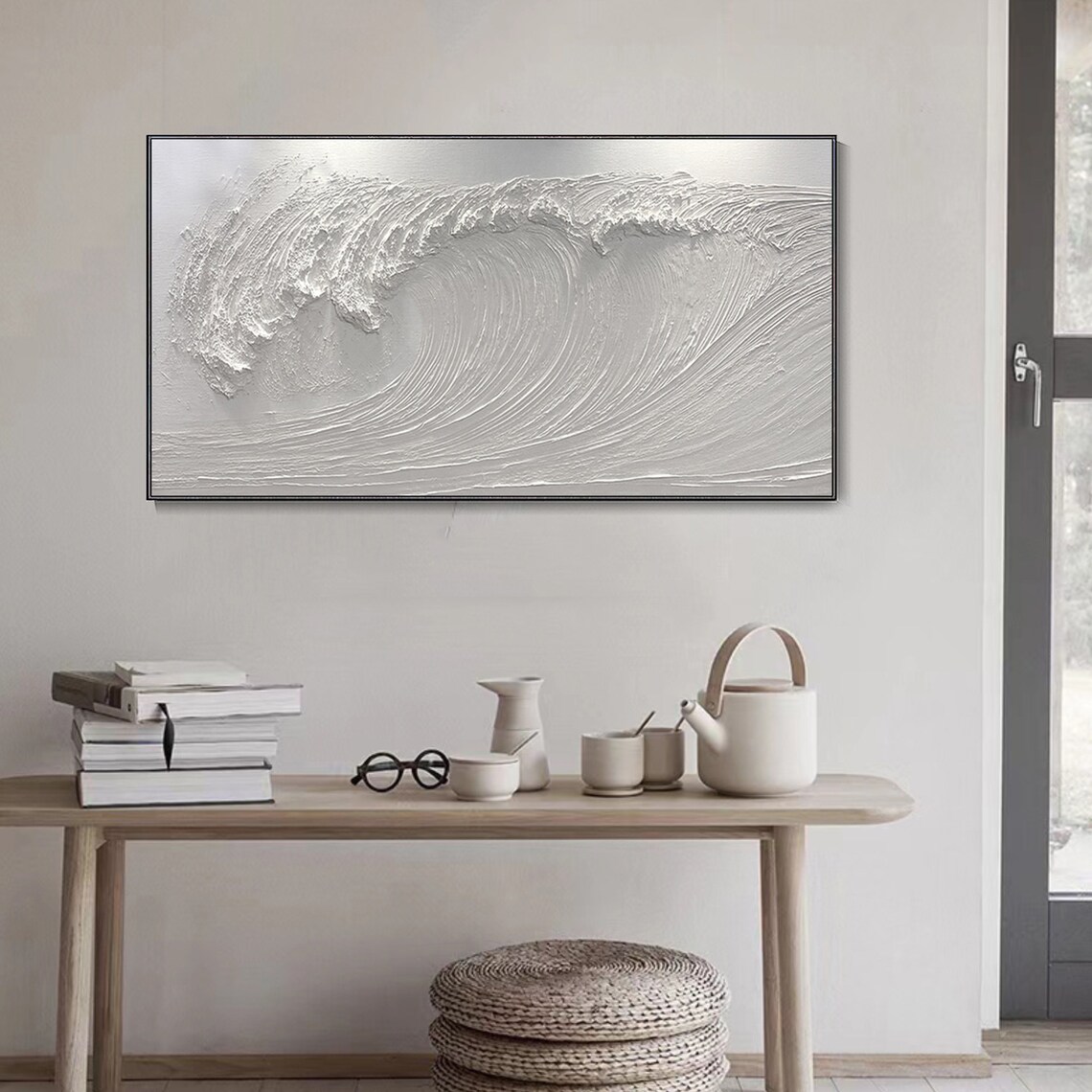 White 3D Ocean Wave Monochrome Relief Textured Seascape Wall Art - Image 2