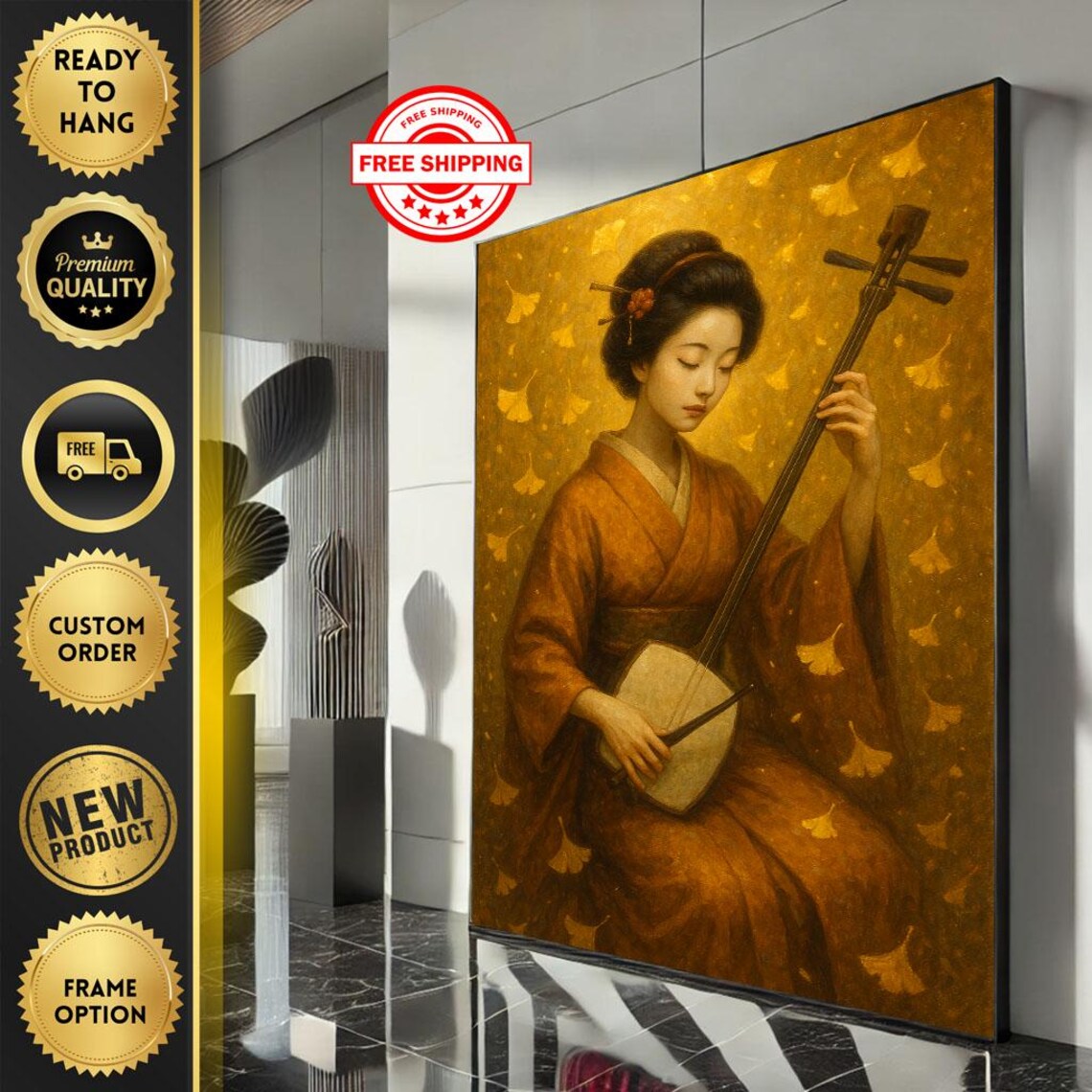Golden Geisha Playing Shamisen Among Ginkgo Leaves Art Poster