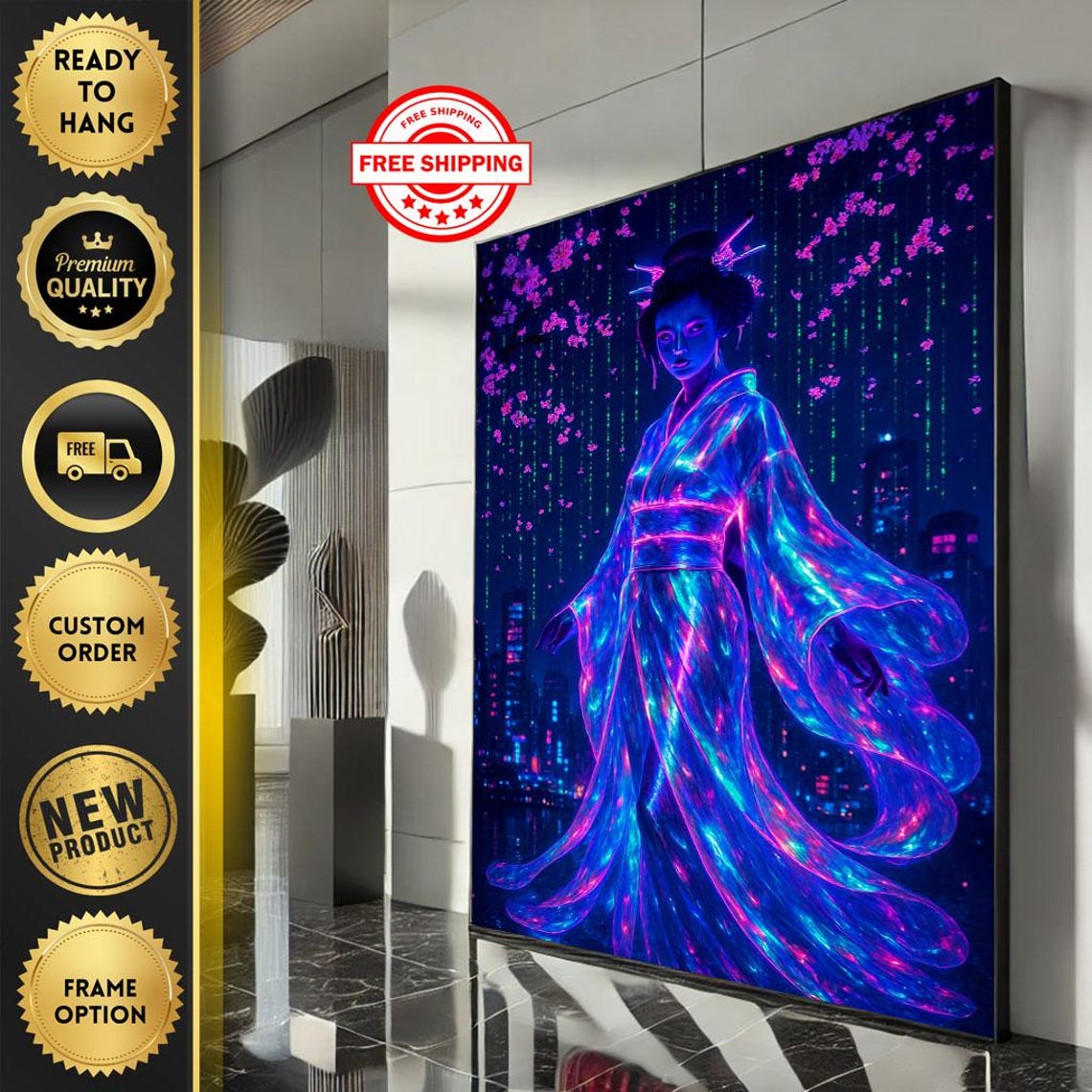 Neon Geisha Cyberpunk Kimono Cherry Blossom City Night Poster