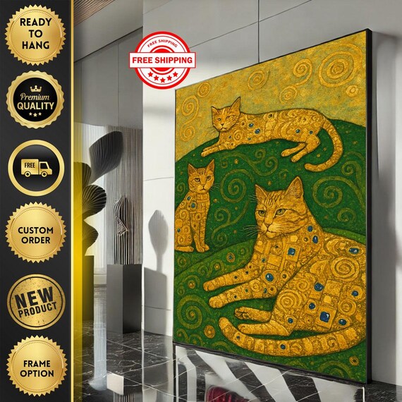 Klimt Style Golden Cats Trio Regal Whimsical Ornate Art Poster