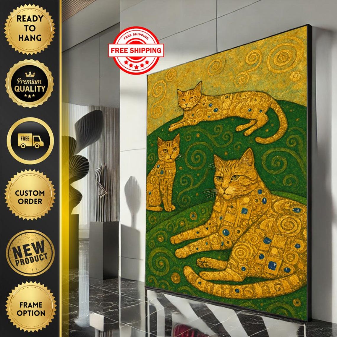 Klimt Style Golden Cats Trio Regal Whimsical Ornate Art Poster