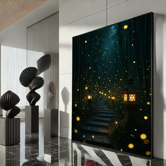 Mystical Lantern Forest Canvas Wall Art Print Enchanting Living Room Decor Statement Piece