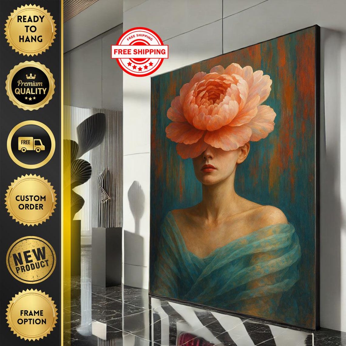 Woman With Coral Peony Flower Head Surreal Botanical Art Poster