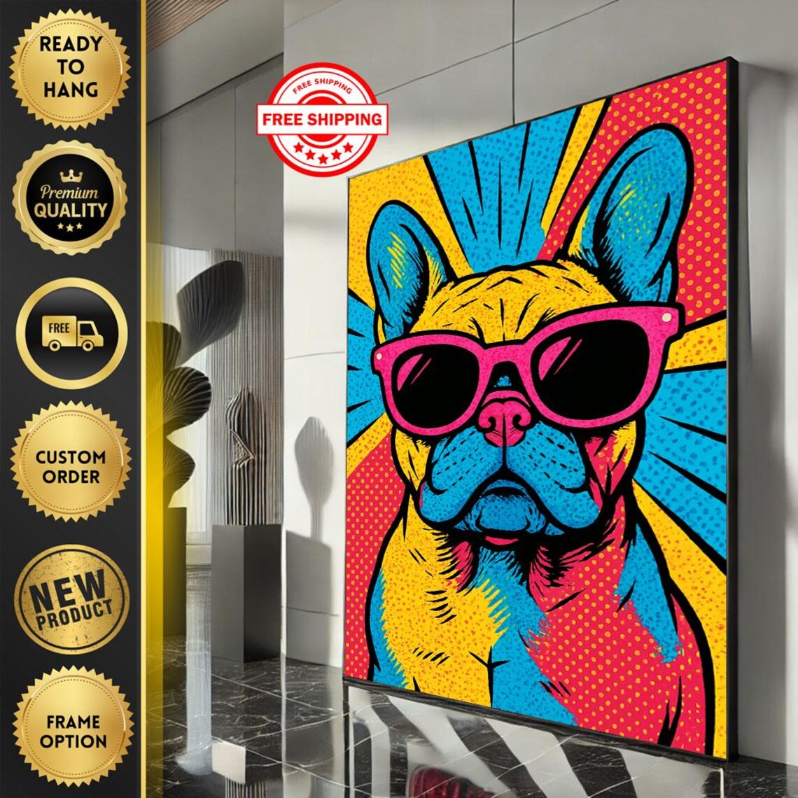 Pop Art French Bulldog Wearing Pink Sunglasses Comic Style Poster