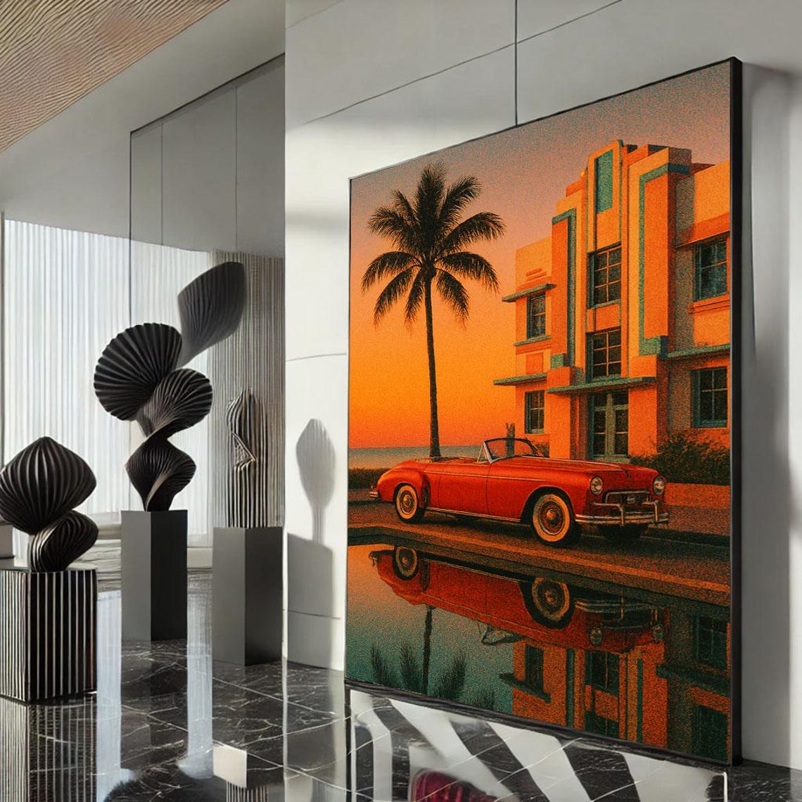 Retro Miami Beach Red Convertible Art Deco Hotel Sunset Poster