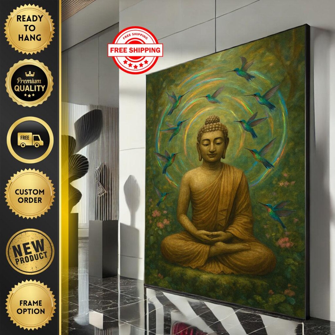 Golden Buddha Meditating Hummingbirds Halo Zen Garden Art Poster