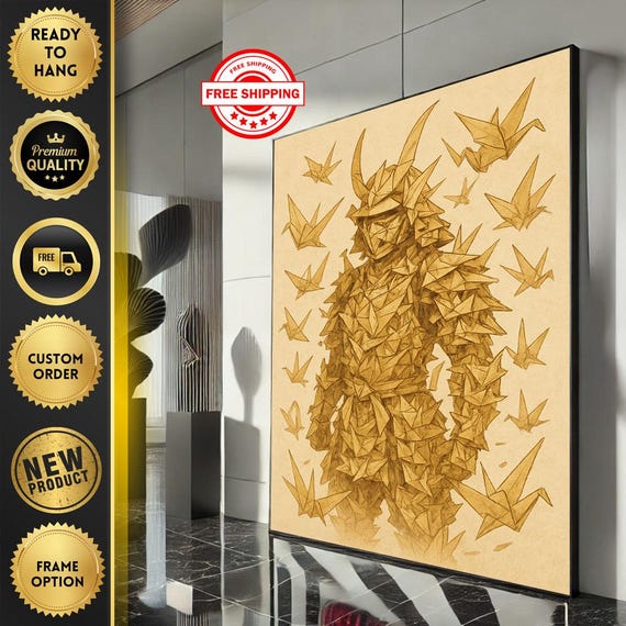 Bold Origami Samurai Canvas Wall Art Print Minimalist Living Room Decor Ready To Hang Statement Piece