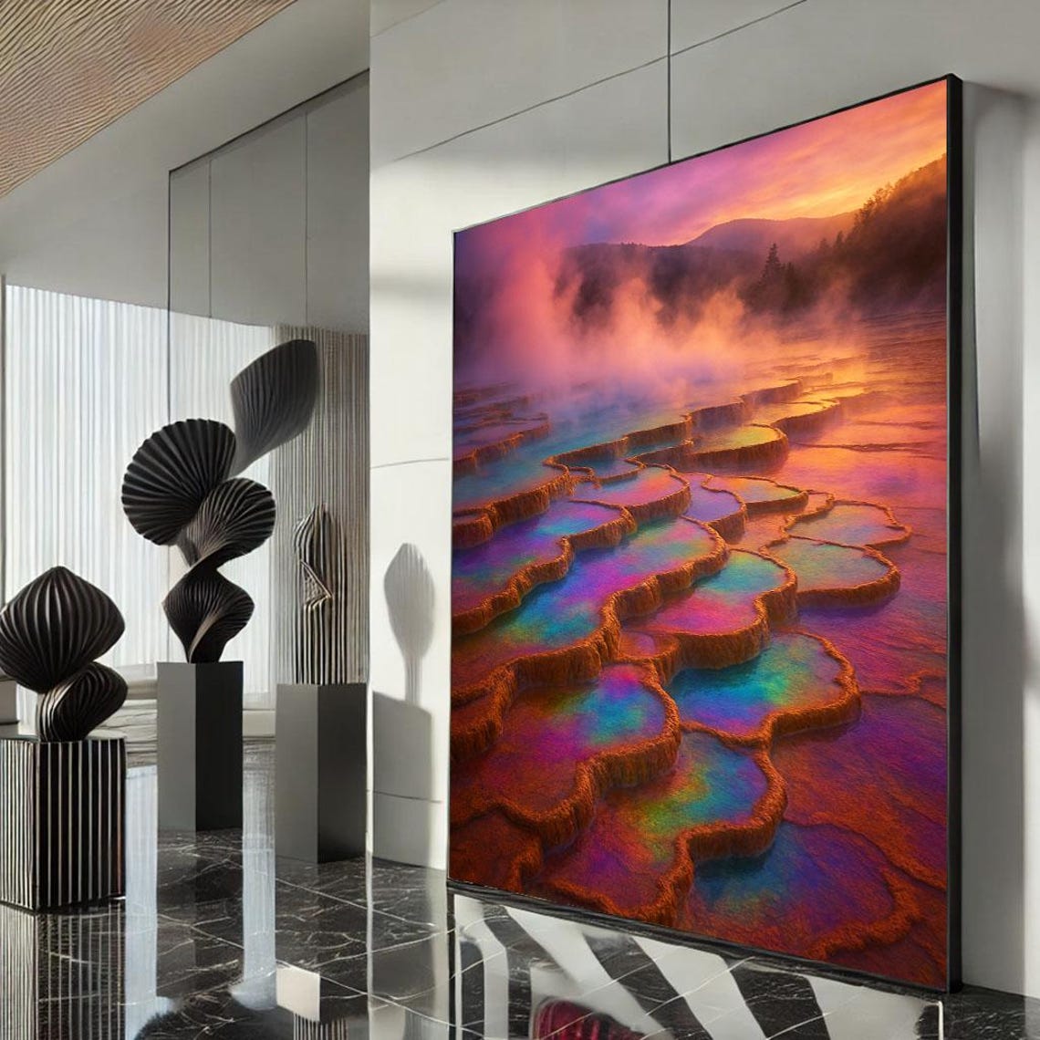 Rainbow Geothermal Terraced Pools Steaming at Sunset Sky Poster