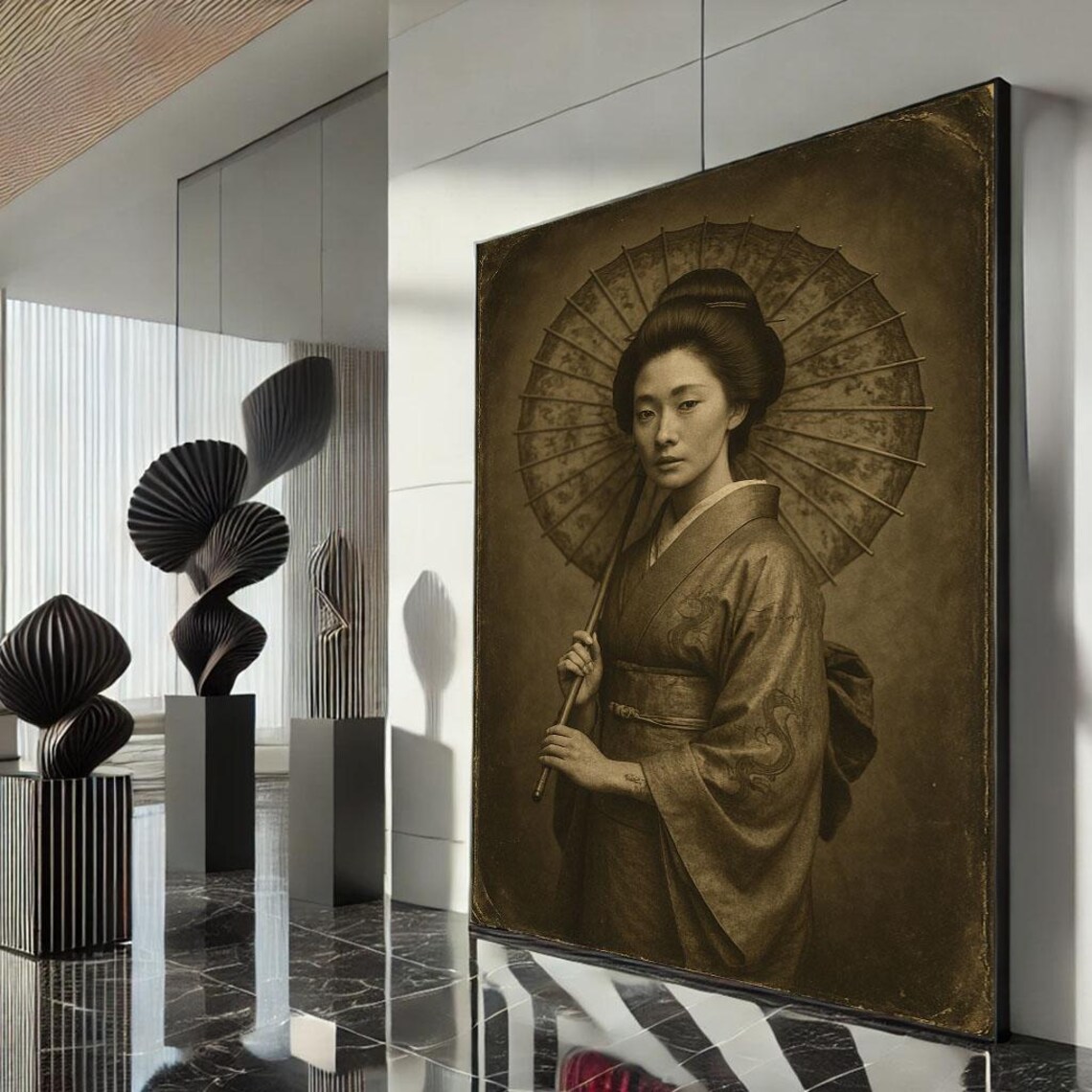 Vintage Sepia Geisha Parasol Portrait Antique Photography Style Poster