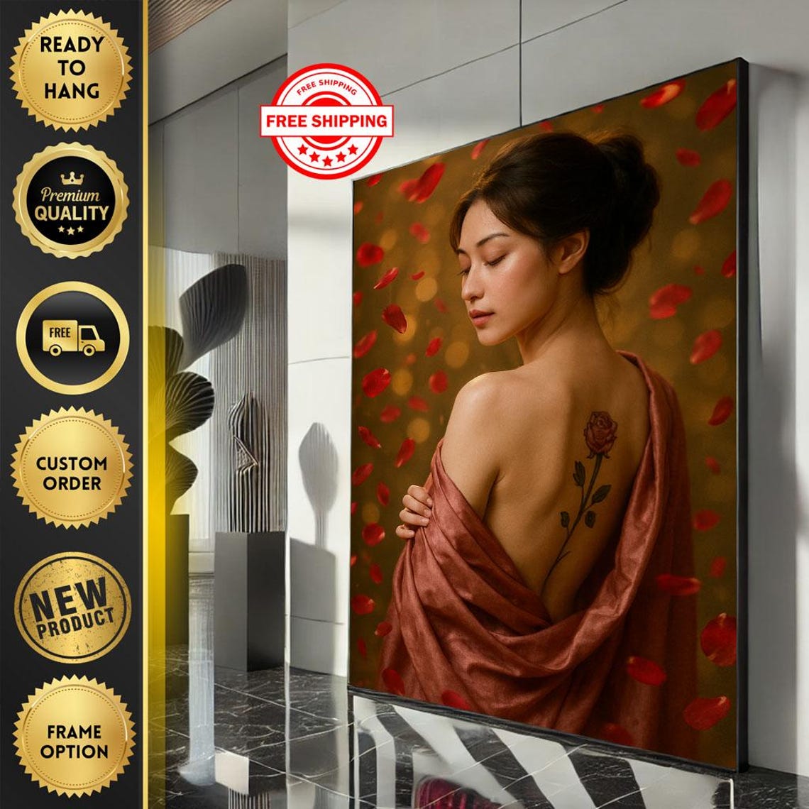 Woman With Rose Back Tattoo Wrapped In Silk Falling Petals Poster
