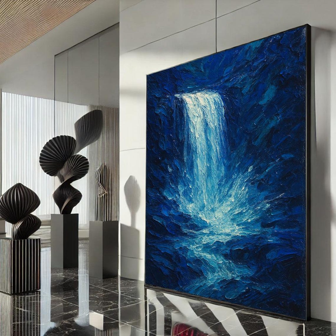 Deep Blue Waterfall Palette Knife Painting Dramatic Ocean Art Poster