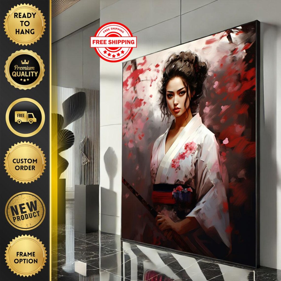 Confident Japanese Woman Portrait in White Blossom Kimono Art Poster