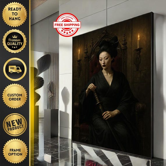 Elegant Samurai Woman Canvas Wall Art Print Dark Modern Living Room Decor Statement Piece