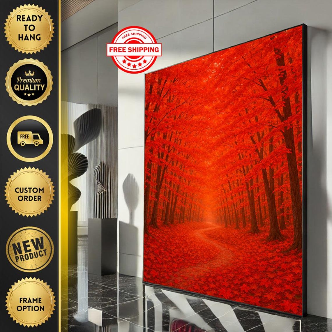 A Fiery Red Forest Path Through Tall Autumn Maple Trees Poster