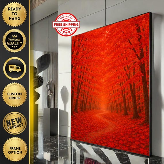 Majestic Red Forest Path Canvas Wall Art Print Abstract Nature Living Room Decor Ready To Hang