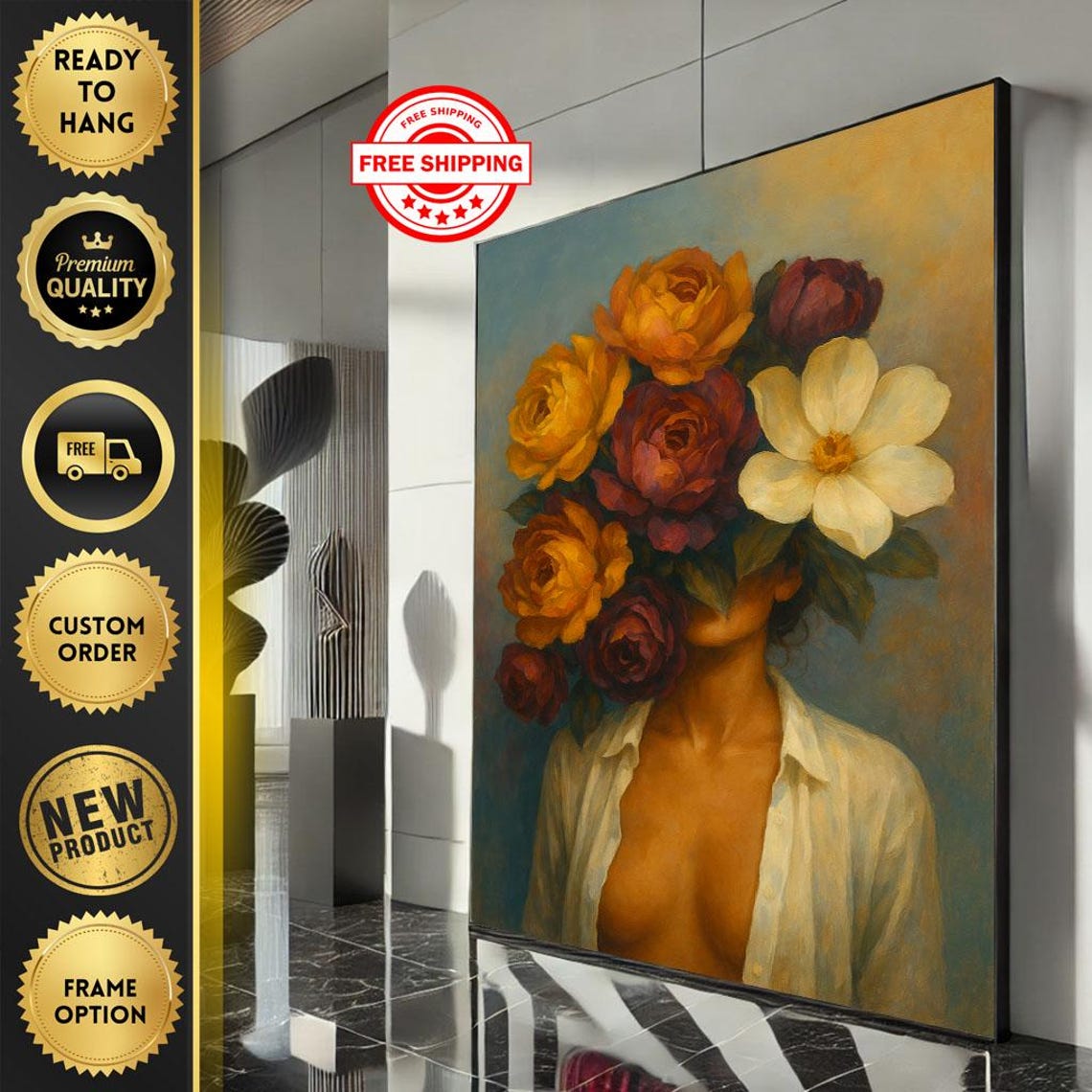 Floral Woman Portrait Blooming Peony Head Boho Chic Art Poster