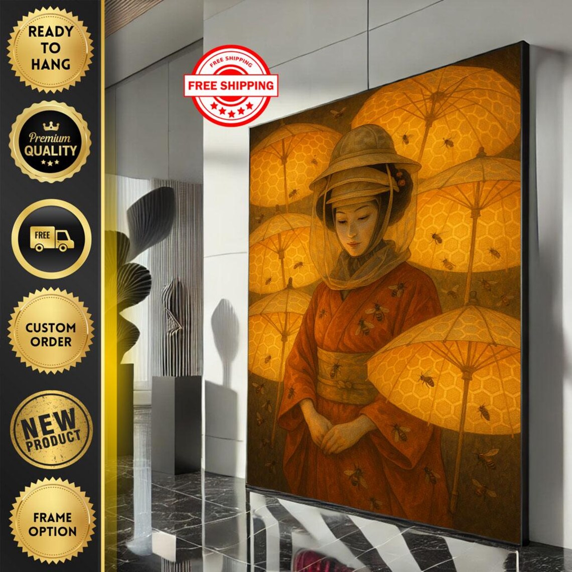 Elegant Japanese Geisha Golden Umbrellas Honey Bees Art Poster