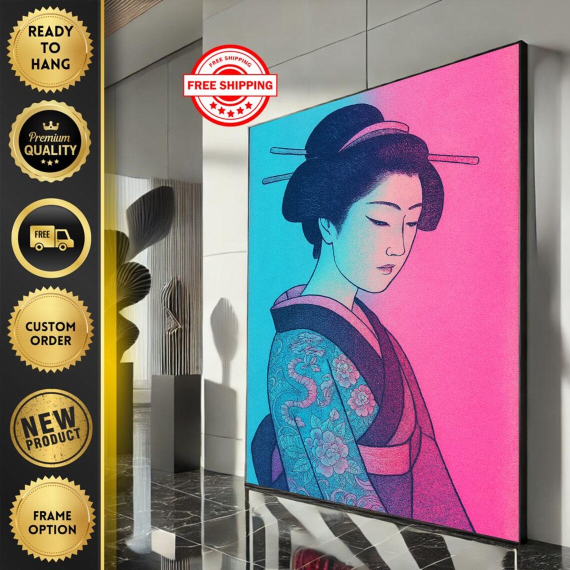 Pop Art Geisha Woman Blue Pink Retro Duotone Portrait Art Poster