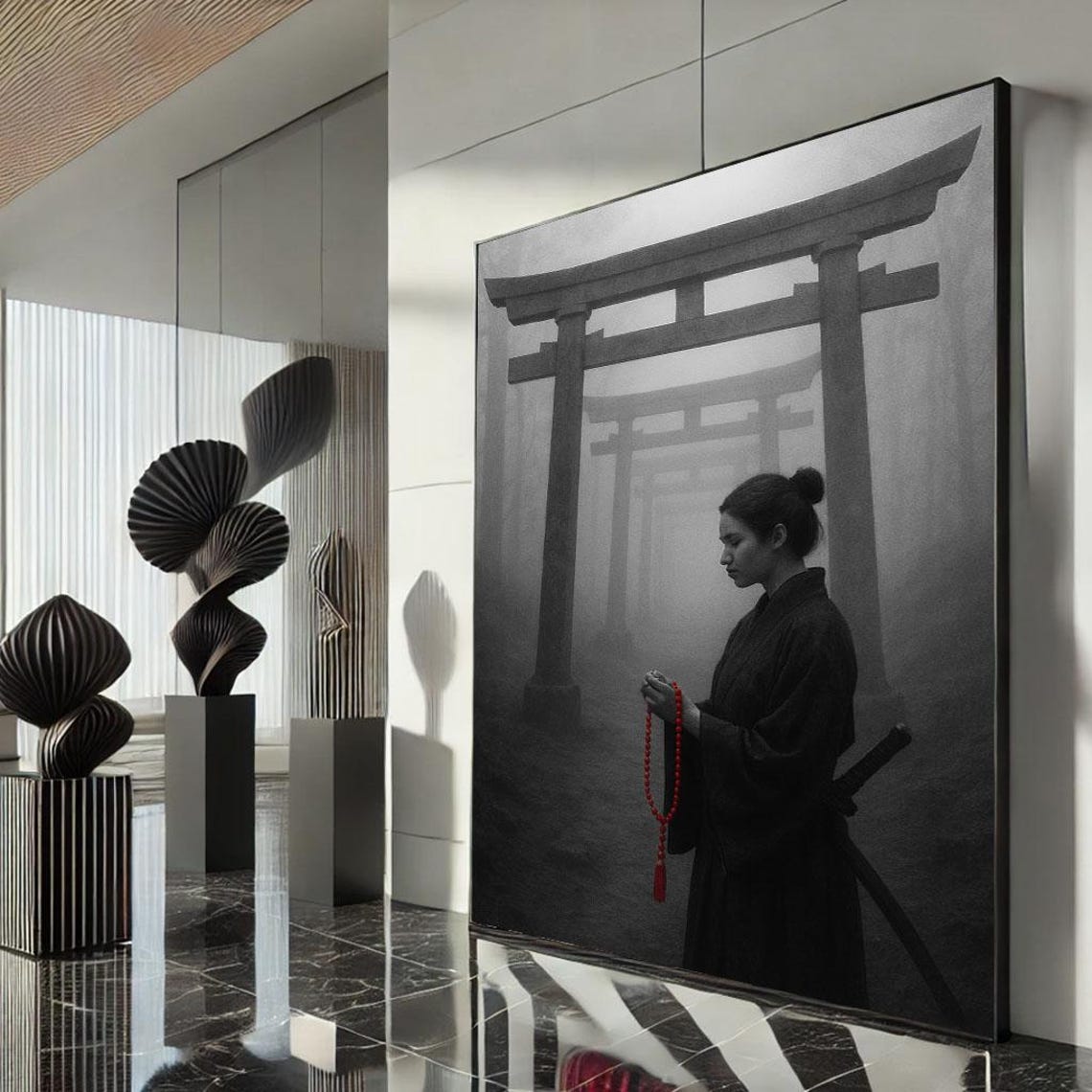 Foggy Torii Gate Woman Red Prayer Beads Black White Zen Poster