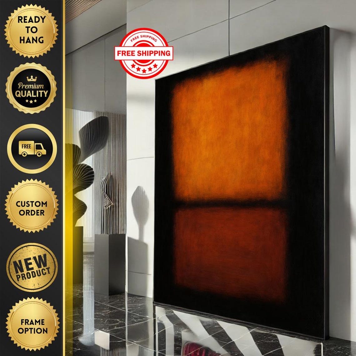 Burnt Orange Black Abstract Color Field Modern Dramatic Art Poster