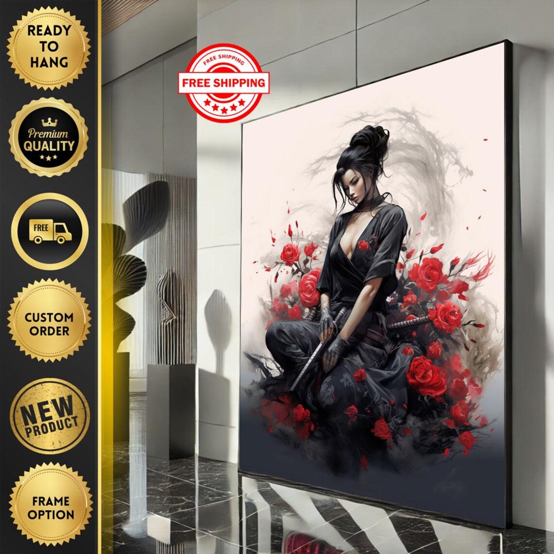Seated Samurai Woman With Katana Among Red Roses Ink Art Poster