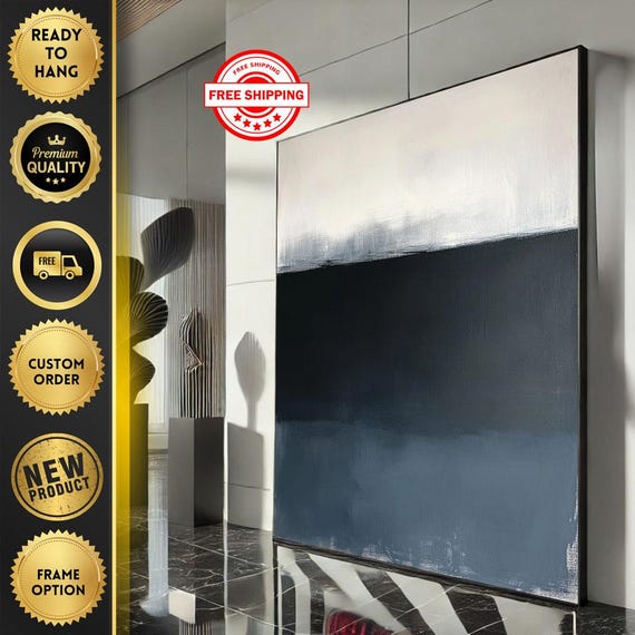 Mark Rothko Inspired Black And White Canvas Bold Color Field Painting For Modern Living Room Decor Ready To Hang