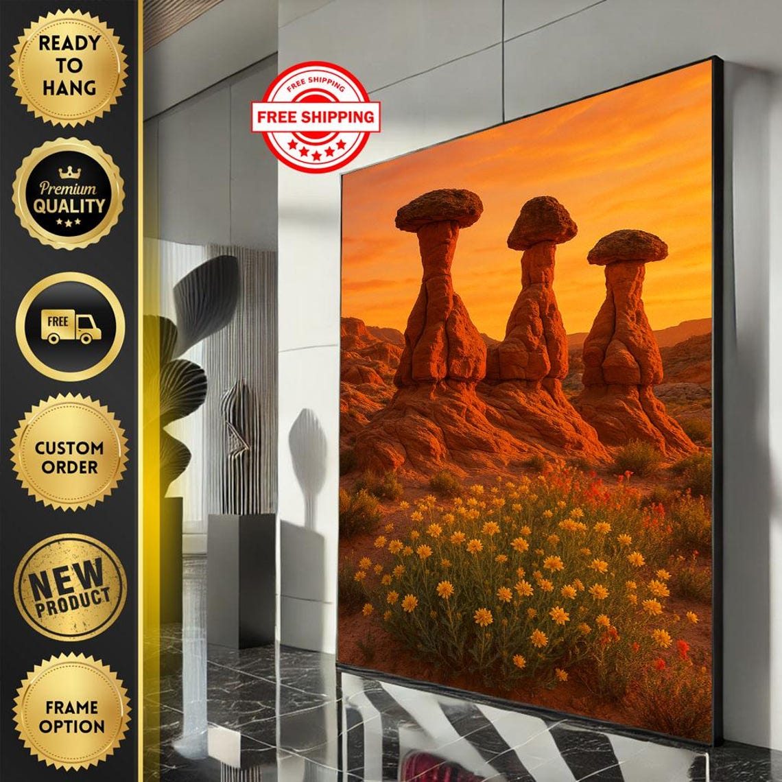 Red Rock Hoodoos Glowing at Desert Sunset with Wildflowers Poster