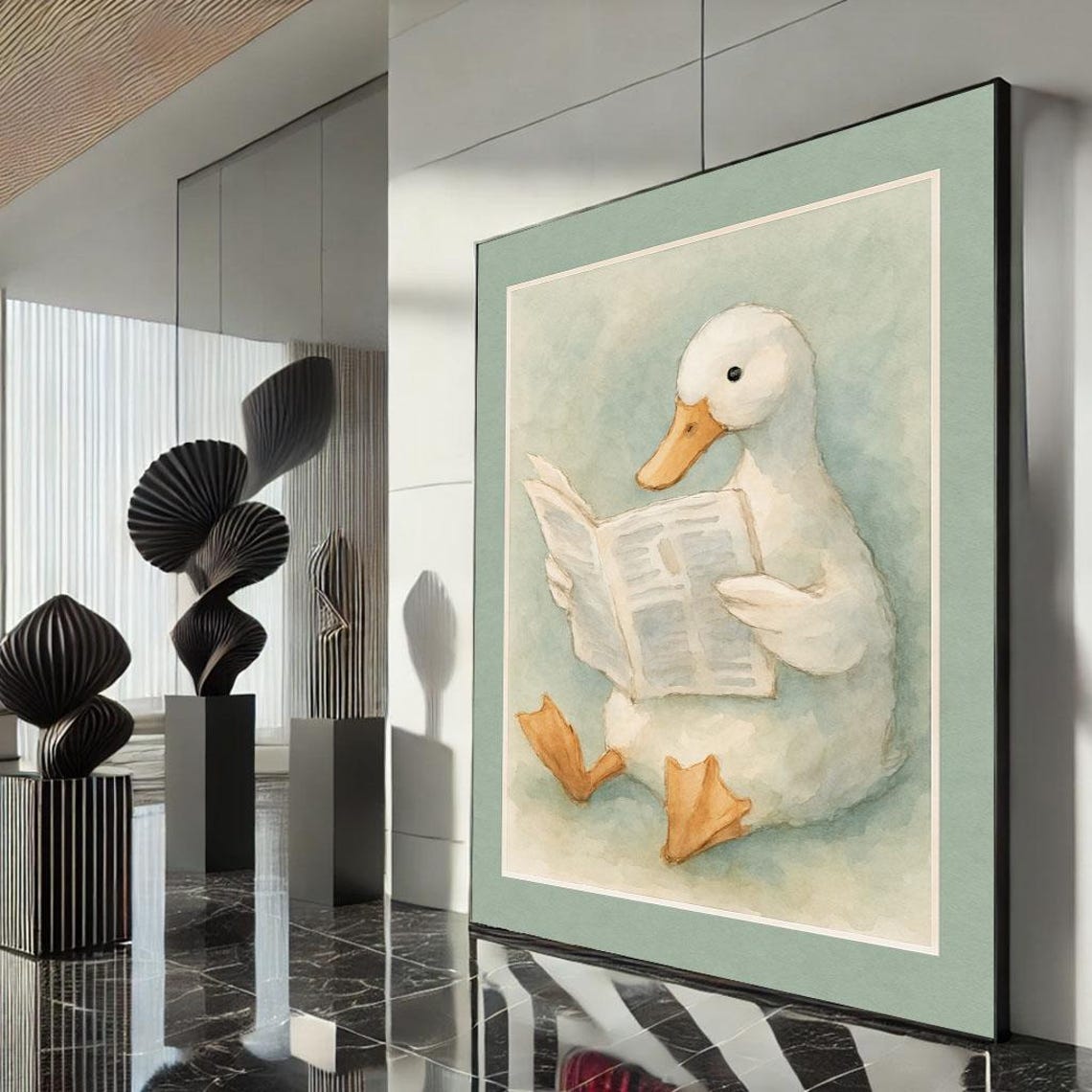 Whimsical Duck Reading Newspaper Watercolor Cute Animal Art Poster