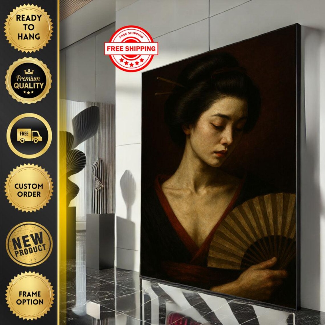 Classical Oil Portrait Of Geisha Holding Folding Fan Dark Poster