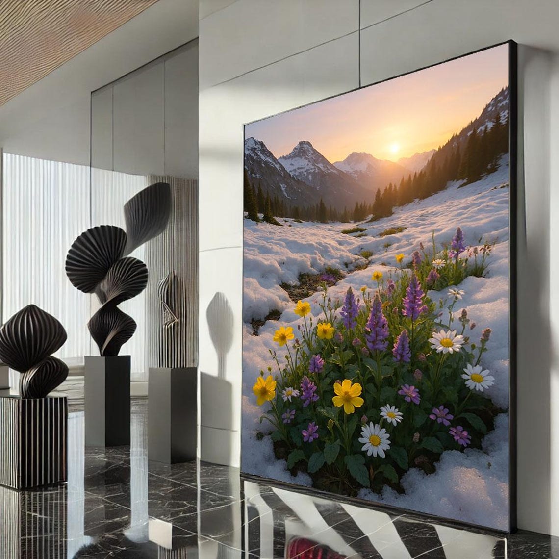 Mountain Sunrise Snowy Meadow Wildflower Bloom Alpine Scenic Poster