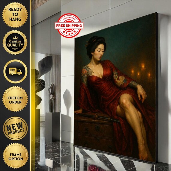Elegant Woman In Red Dress Seated Japanese Style Portrait Poster