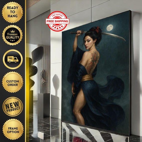 Samurai Woman In Moonlight Canvas Wall Art Print Elegant Bedroom Decor Ready To Hang