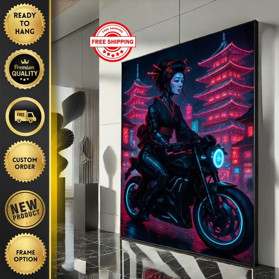 Fierce Modern Woman Biker Canvas Wall Art Print Neon Red And Blue Living Room Decor Statement Piece