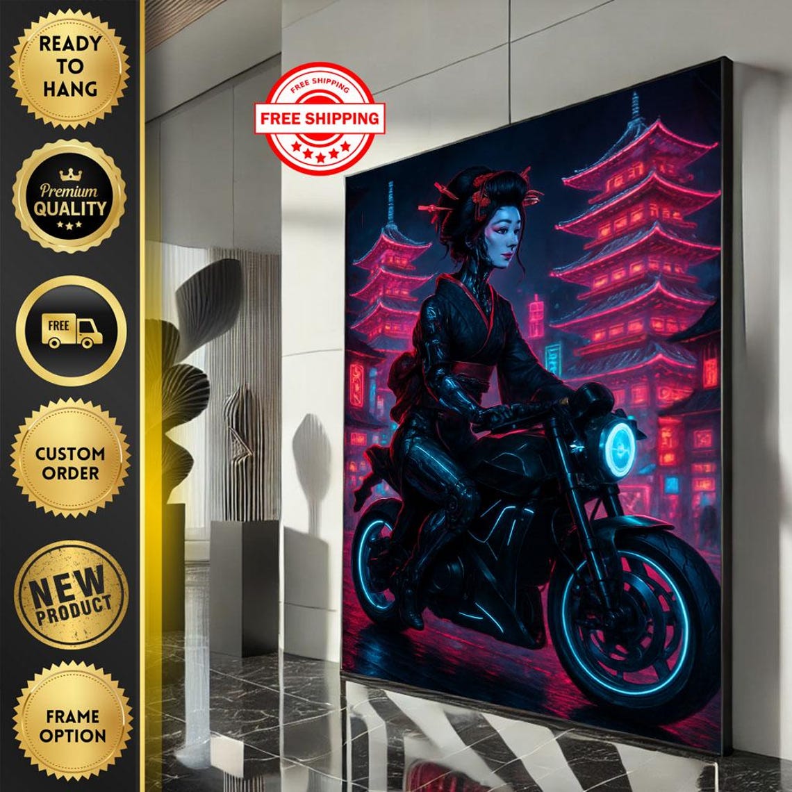 Fierce Modern Woman Biker Canvas Wall Art Print Neon Red And Blue Living Room Decor Statement Piece