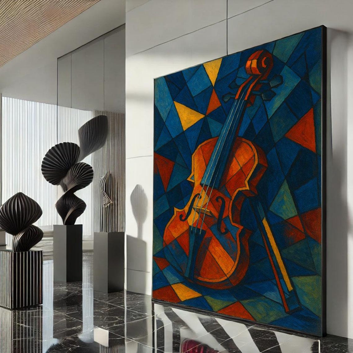 Violin Geometric Abstract Blue Orange Cubist Music Art Poster