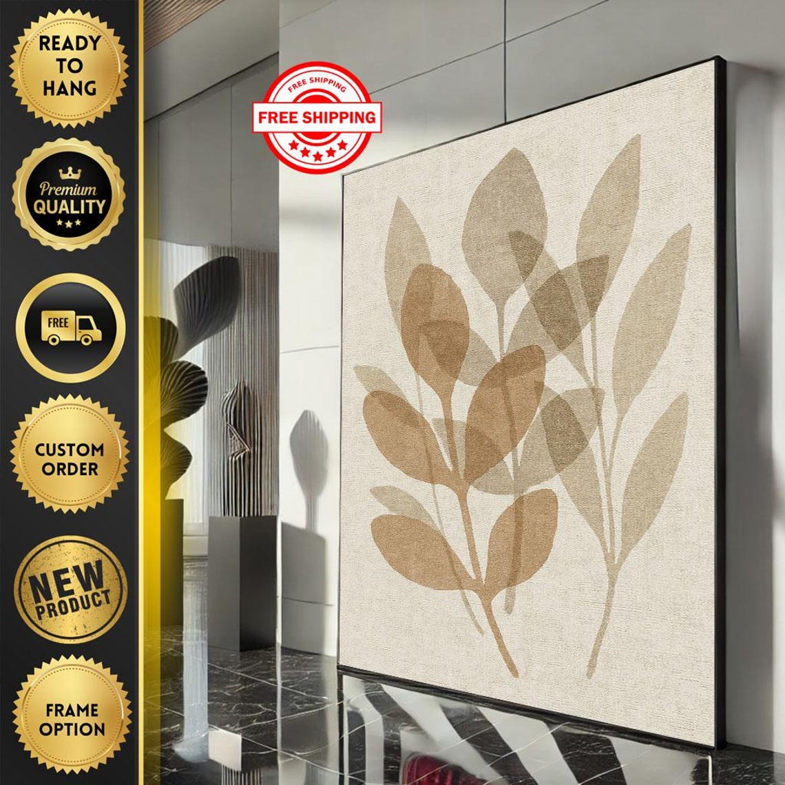 Minimalist Leaf Silhouette Neutral Botanical Beige Art Poster
