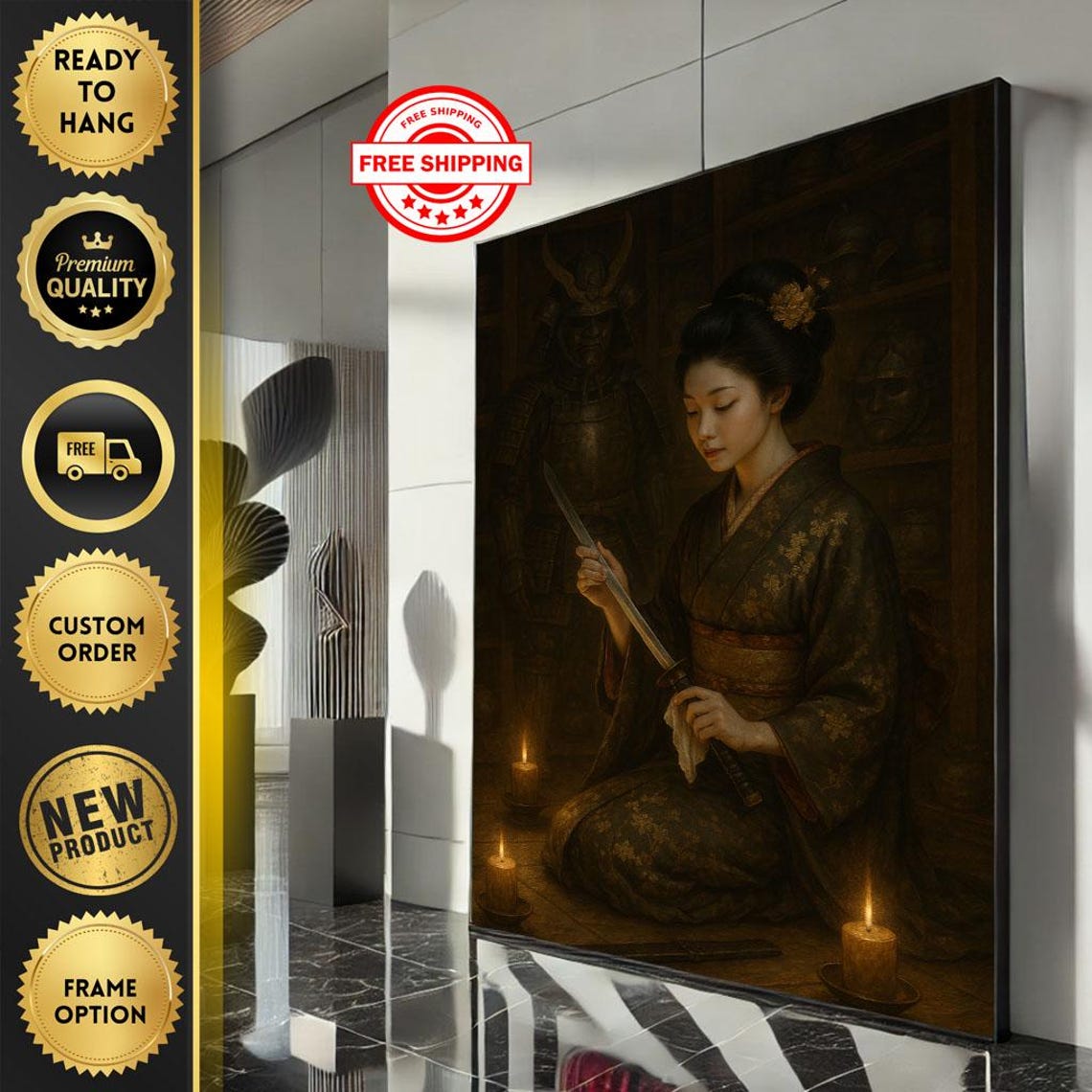 Kneeling Geisha Katana Candlelight Dark Japanese Portrait Poster