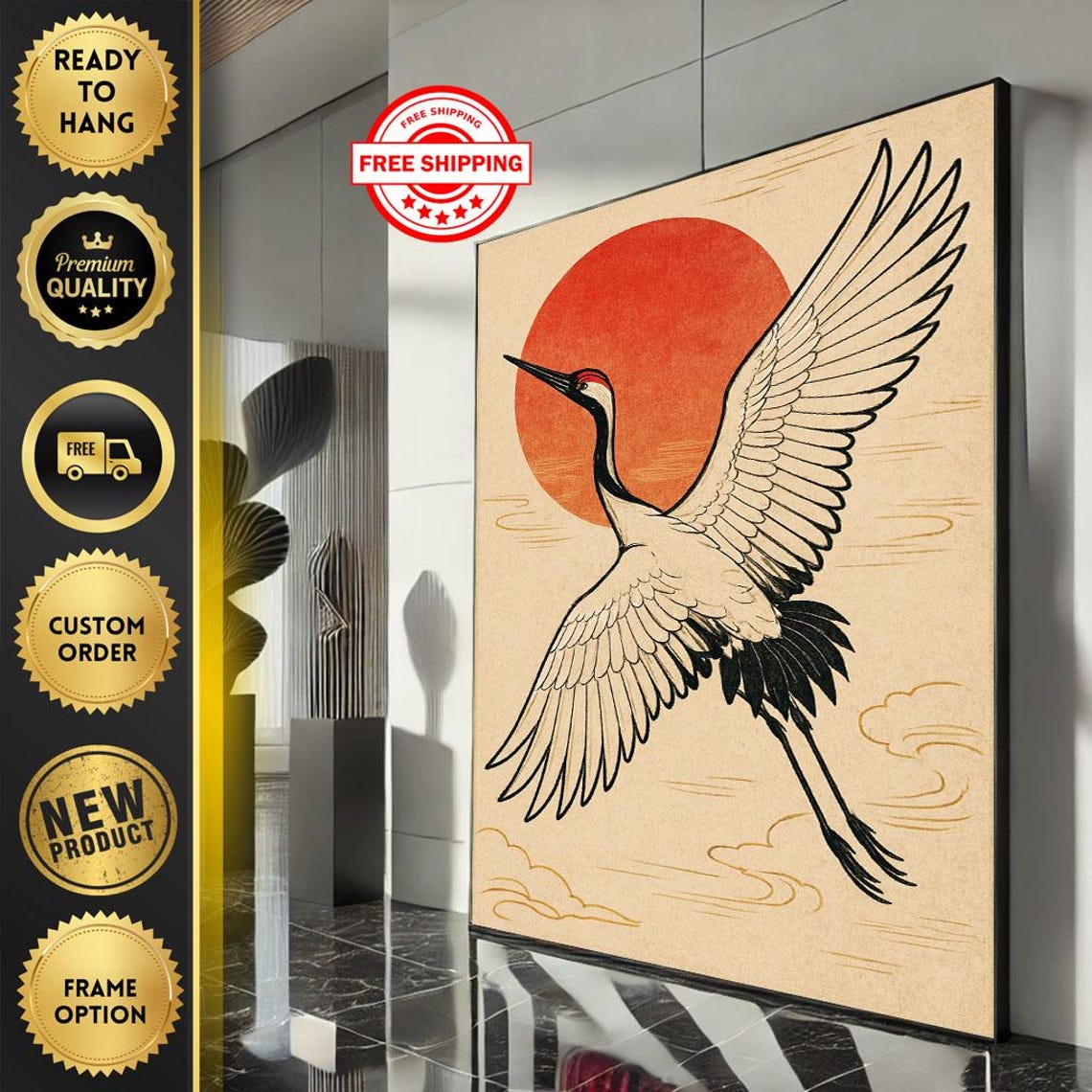 Japanese Crane In Flight Before Red Sun Vintage Style Poster