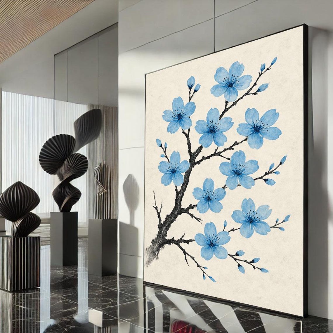 Blue Cherry Blossom Branch Watercolor Ink Floral Elegant Art Poster