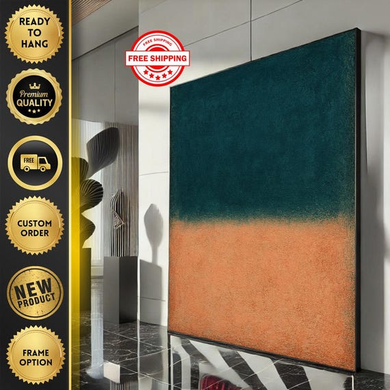 Mark Rothko Inspired Teal And Orange Canvas Bold Color Field Painting For Modern Living Room Decor Ready To Hang