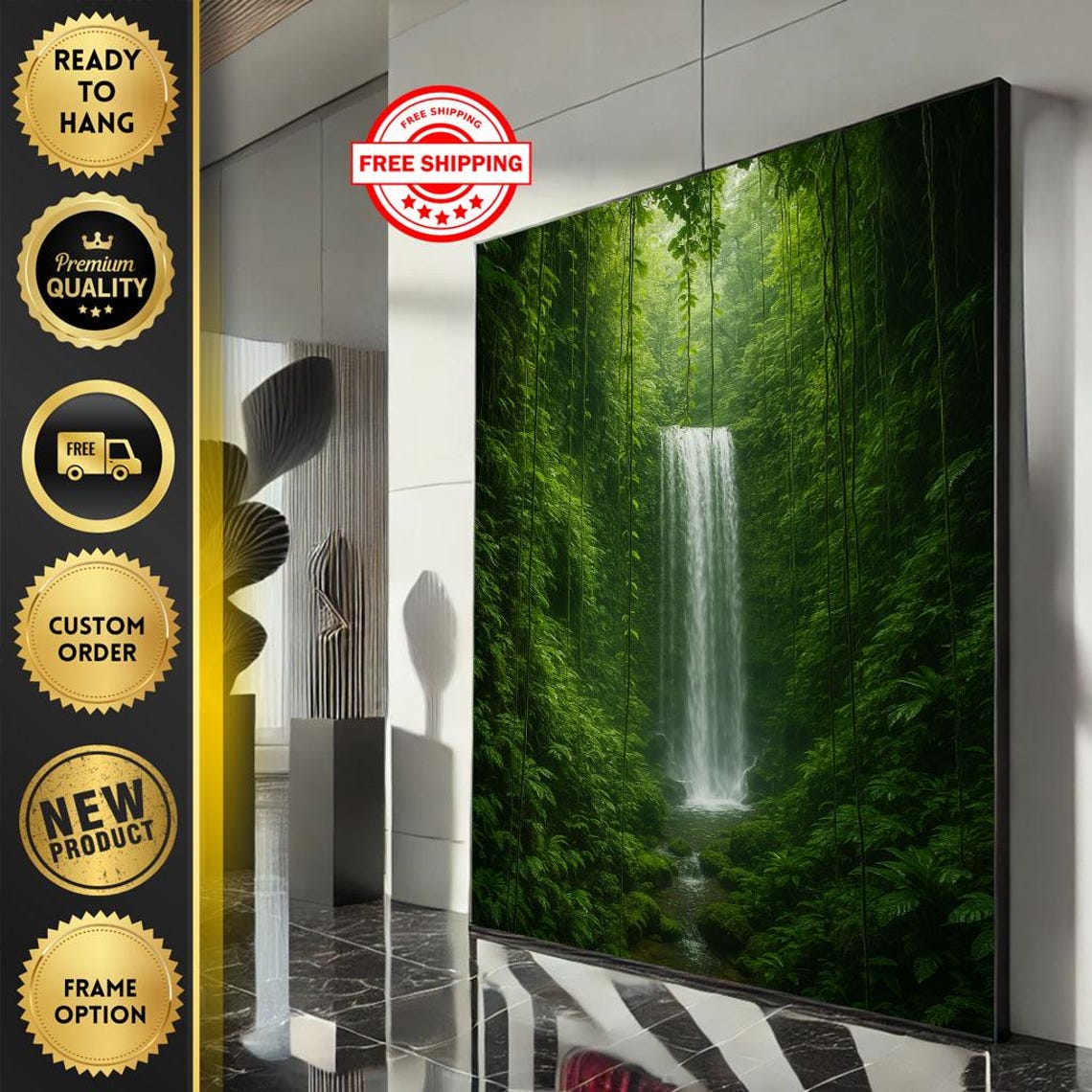 Tranquil Waterfall Flowing Through A Lush Green Forest Poster